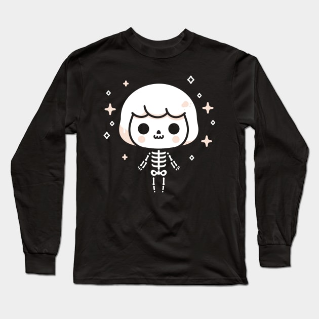 Cute Skeleton Girl with Short Hair | Kawaii Skeleton Design | Cute Halloween Long Sleeve T-Shirt by Nora Liak